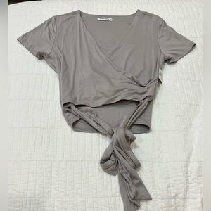 Always Stay True Short Sleeve Cropped Surplice Top - Grey